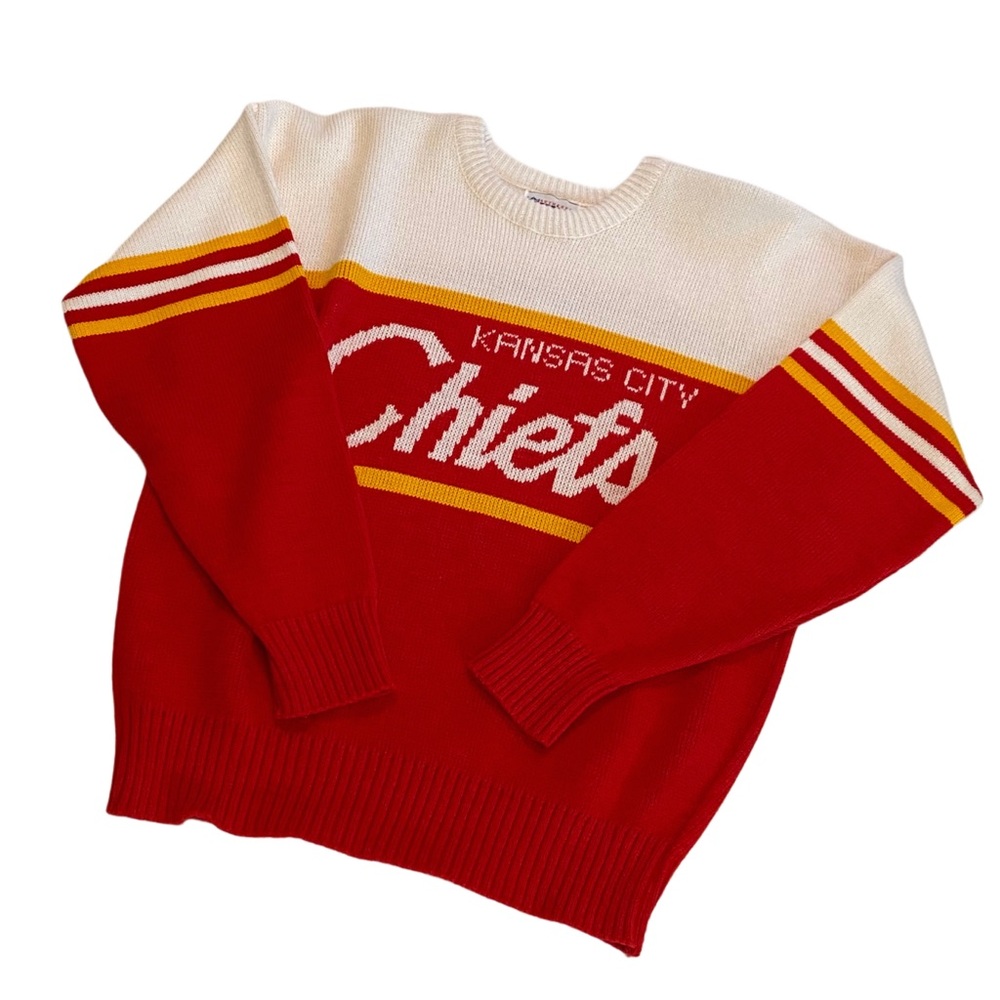 VINTAGE 90'S CLIFF ENGLE KC CHIEFS KNIT SWEATER - RED & WHITE SIZE LARGE